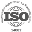 ISO 14001 logo featuring "ISO" in large letters in front of a globe, with "International Organization for Standardization" around the top edge, symbolizing environmental management system standards.