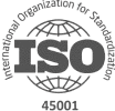 Logo of ISO 45001 featuring a globe in the background. The text "International Organization for Standardization" encircles the globe, with "ISO" in large letters in the center and "45001" below.