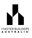 Logo of Master Builders Australia featuring a stylized geometric design resembling buildings. The words "MASTER BUILDERS AUSTRALIA" are displayed below the design. The logo is in black on a transparent background.