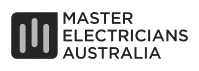 Logo of Master Electricians Australia featuring a stylized "M" design in white on a dark background next to the organization's name in bold uppercase letters.