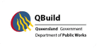 Logo of QBCC showing a stylized red, blue, and yellow graphic on the left. The text reads "QBuild Queensland Government Department of Public Works" in black and gray.