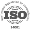 ISO 14001 logo featuring "ISO" in large letters in front of a globe, with "International Organization for Standardization" around the top edge, symbolizing environmental management system standards.