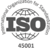 Logo of ISO 45001 featuring a globe in the background. The text "International Organization for Standardization" encircles the globe, with "ISO" in large letters in the center and "45001" below.