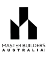 Logo of Master Builders Australia featuring a stylized geometric design resembling buildings. The words "MASTER BUILDERS AUSTRALIA" are displayed below the design. The logo is in black on a transparent background.