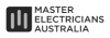 Logo of Master Electricians Australia featuring a stylized "M" design in white on a dark background next to the organization's name in bold uppercase letters.